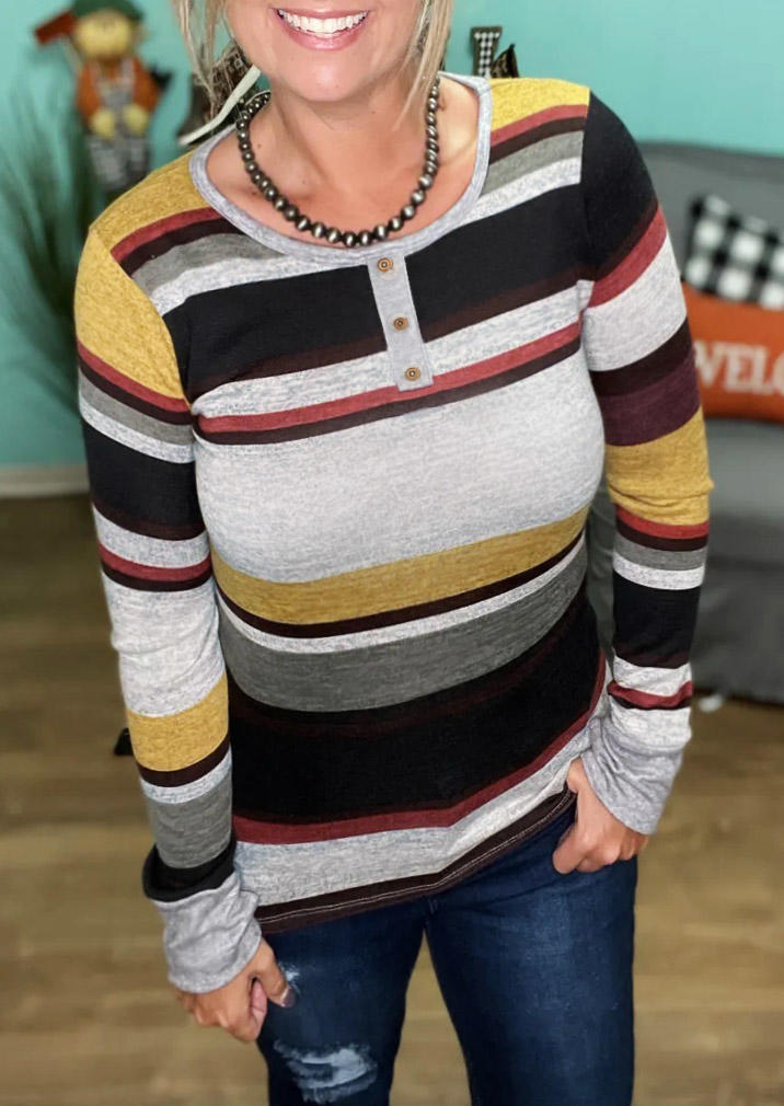 Colorful Striped Button Front Casual Blouse