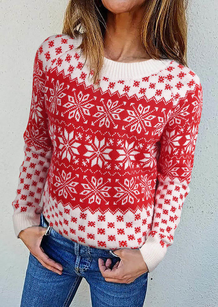 

Sweaters Christmas Snowflake Geometric O-Neck Sweater in Red. Size