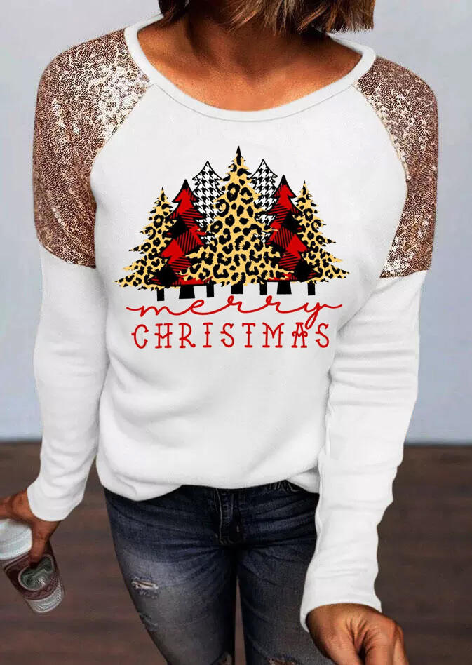 T-shirts Tees Merry Christmas Plaid Leopard Trees Sequined T-Shirt Tee in White. Size: L,M,S,XL