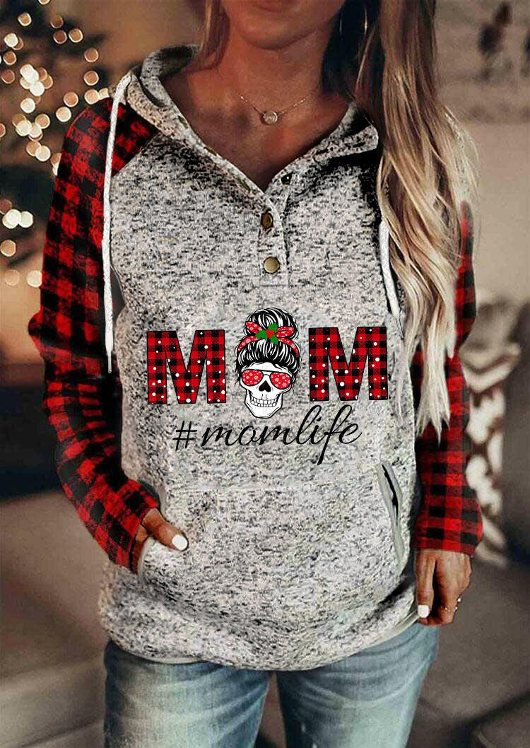 

Hoodies Mom Life Plaid Skull Long Sleeve Hoodie in Light Grey. Size: ,M,L,XL