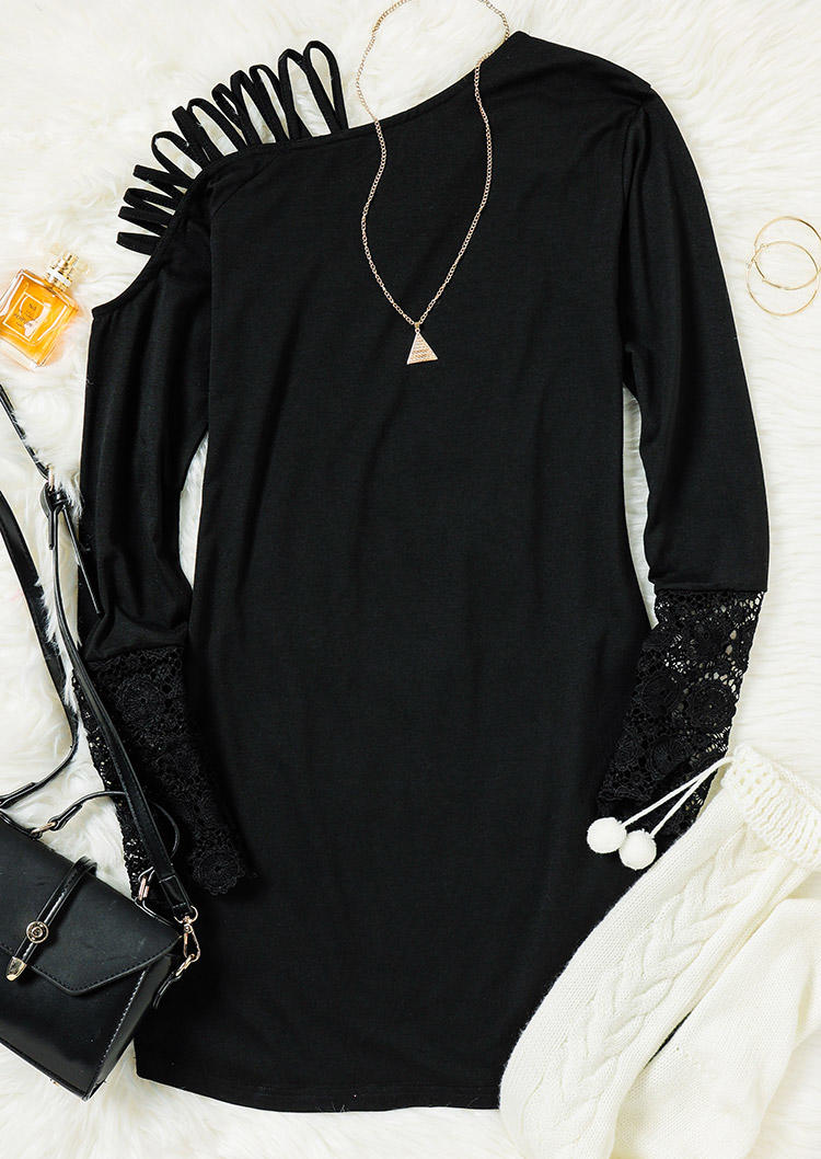

Mini Dresses Lace Splicing Hollow Out Cold Shoulder Mini Dress in Black. Size