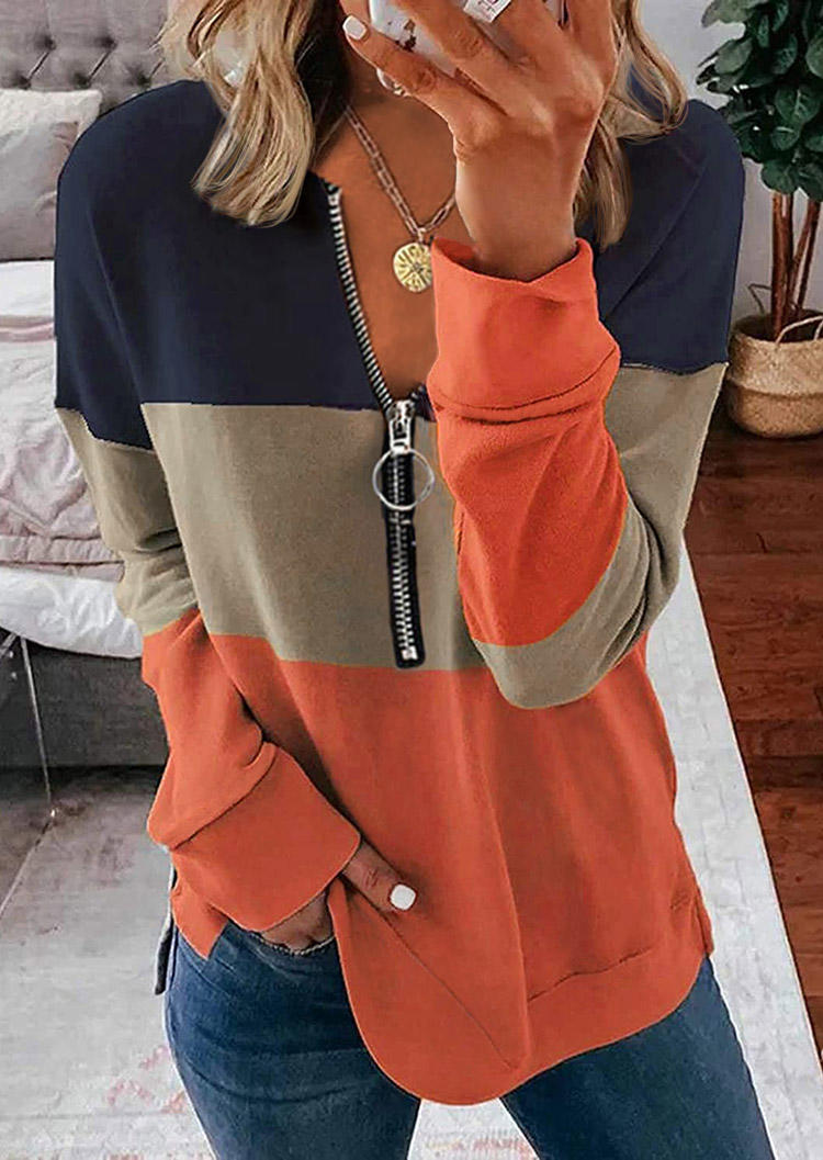 

Sweatshirts Color Block Zipper Long Sleeve Sweatshirt in Pink. Size