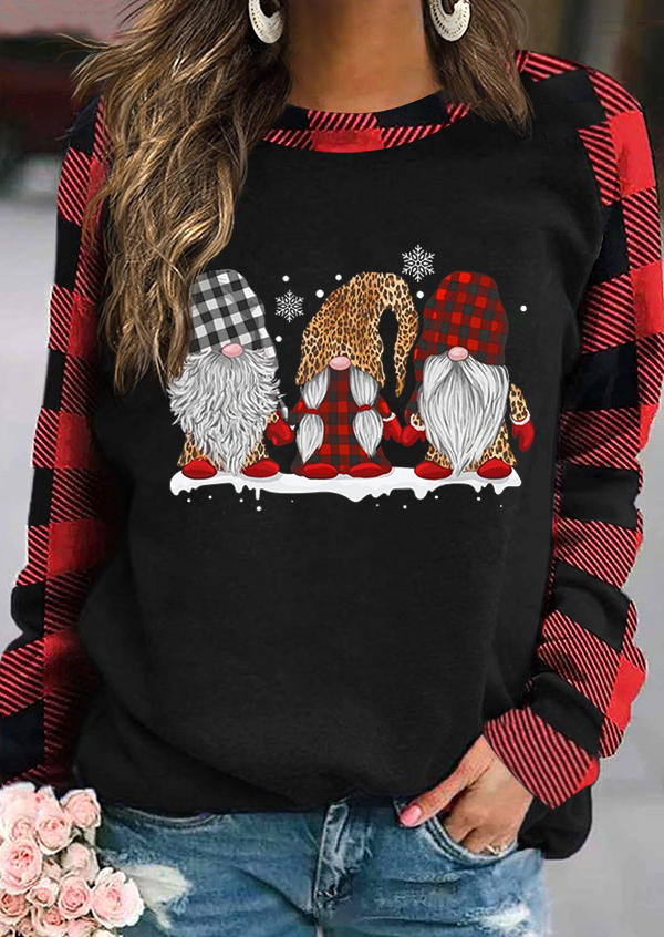 Christmas Gnomies Plaid Long Sleeve Sweatshirt - Black