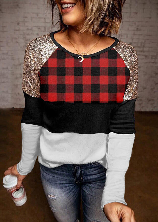 

Blouses Plaid Sequined Splicing Color Block Blouse in Multicolor. Size: ,M,L,XL