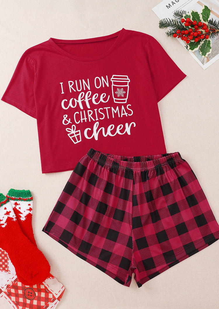 

Sleepwear Coffe & Christmas CheerT-Shirt Tee And Plaid Shorts Pajamas Set in Red. Size: ,M,L,XL