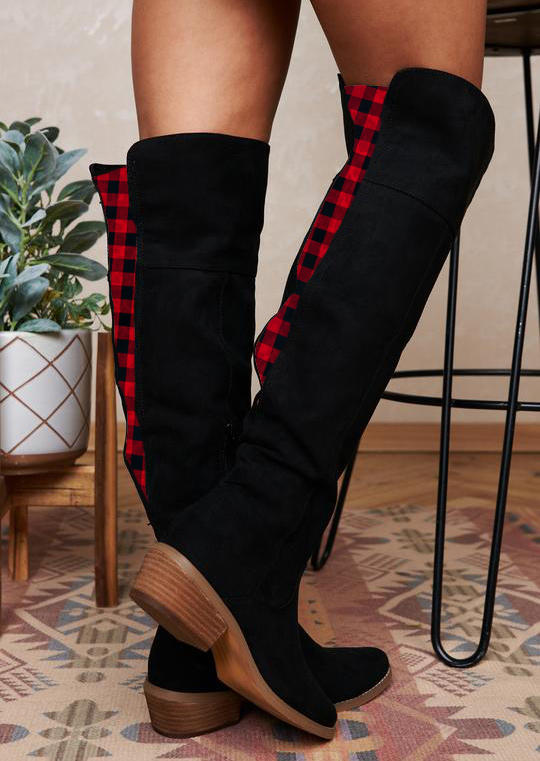 

Boots Christmas Buffalo Plaid Over Knee Round Toe Boots in Black. Size: ,38,39,40,41