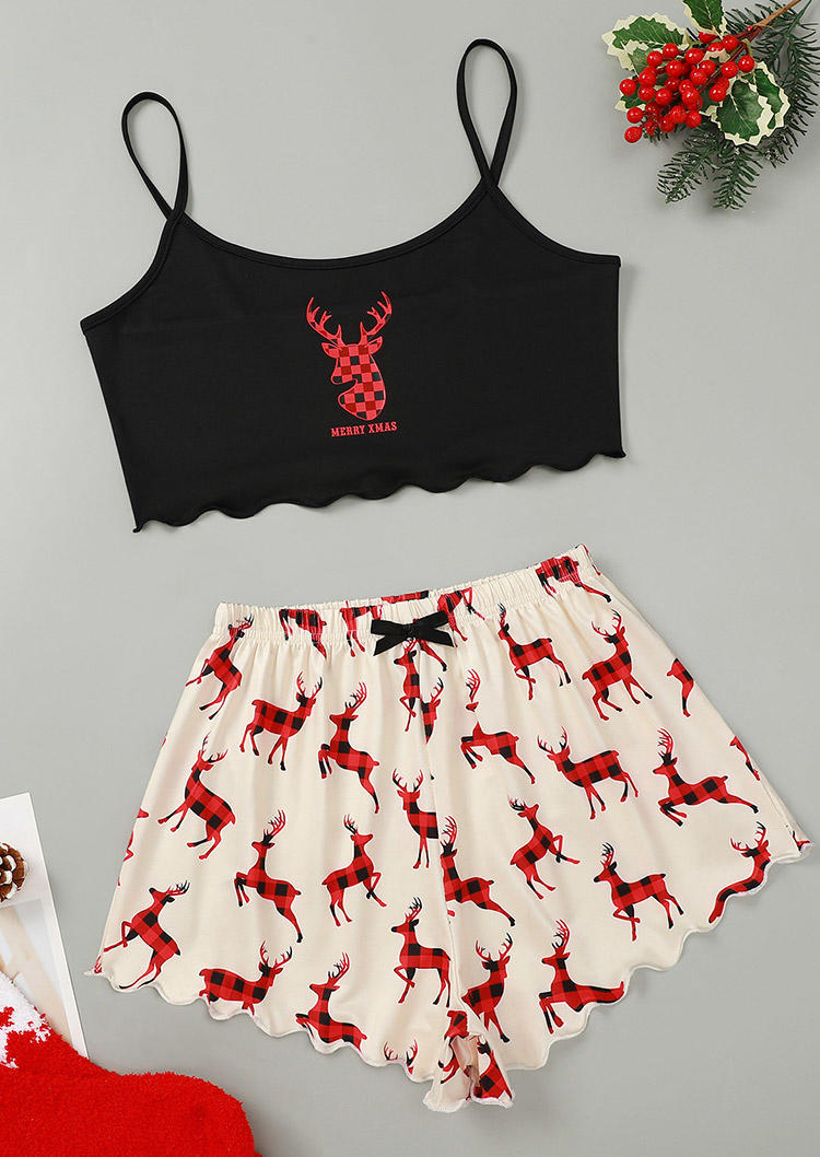 

Sleepwear Merry Xmas Reindeer Plaid Crop Camisole Top And Shorts Pajamas Set in Apricot. Size: ,M,L,XL