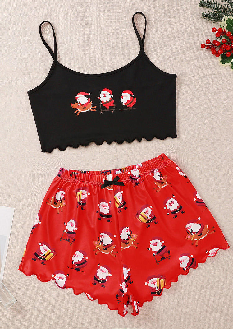 

Sleepwear Christmas Reindeer Santa Claus Crop Camisole Top And Shorts Pajamas Set in Red. Size