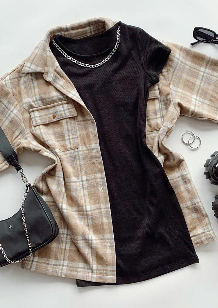 

Coats Plaid Pocket Button Turn-down Collar Shirt Coat in Plaid. Size: ,M,L,XL