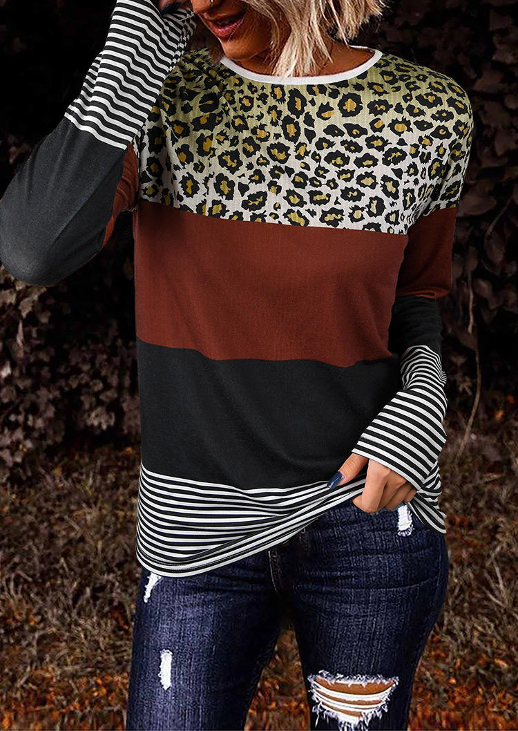 Blouses Leopard Striped Color Block Splicing Long Sleeve Blouse in Multicolor. Size: M,S
