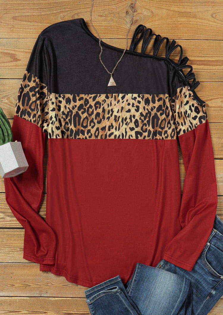 

Blouses Leopard Color Block One Sided Cold Shoulder Blouse in Red. Size: ,XL