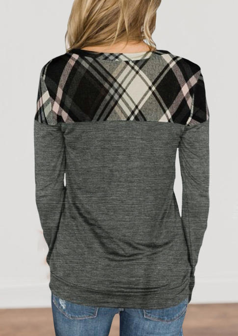 Blouses Plaid Splicing Long Sleeve Blouse in Gray. Size: S,M,L,XL