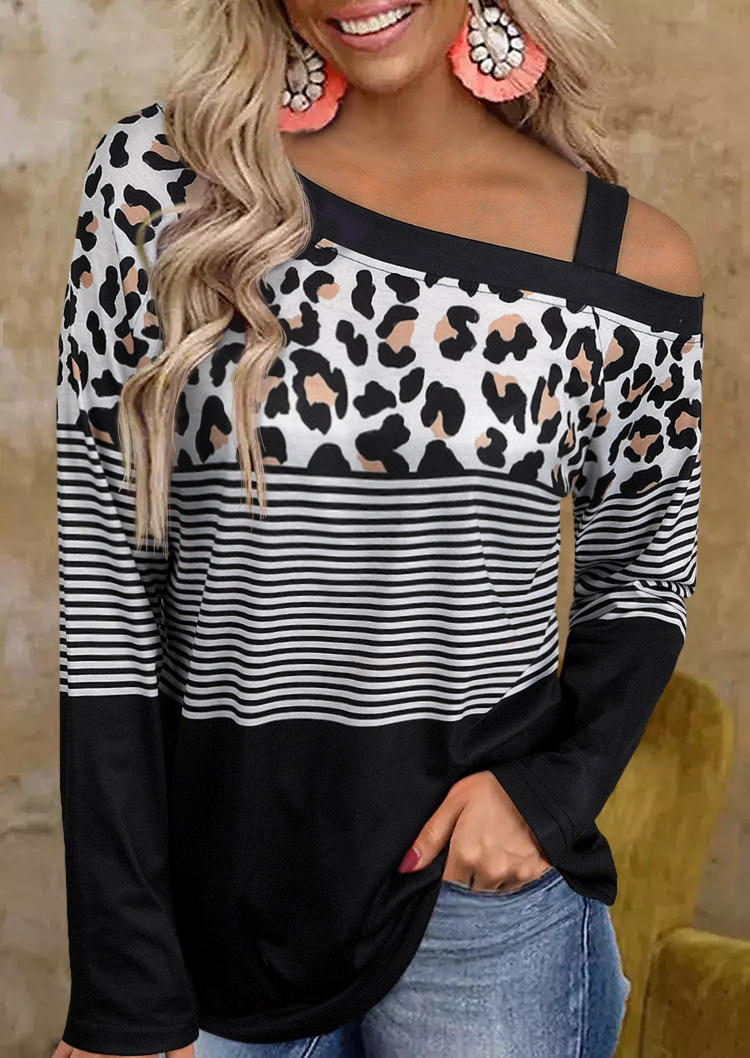 

Blouses Leopard Striped Slash Collar Long Sleeve Blouse in Multicolor. Size