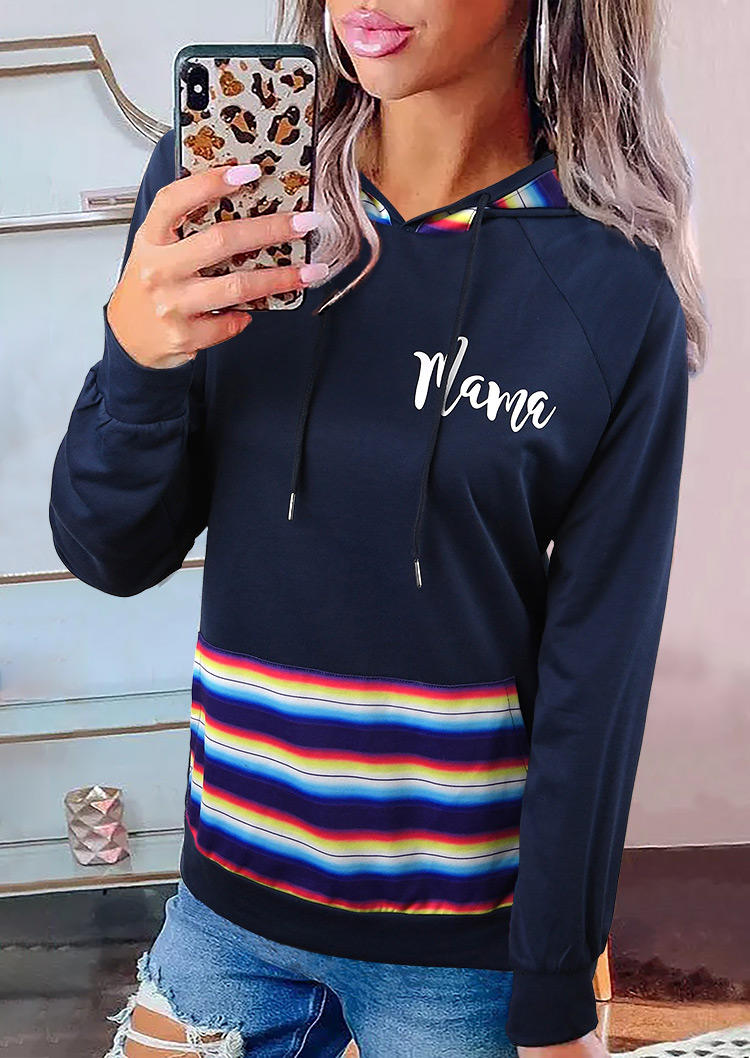 

Hoodies Mama Striped Kangaroo Pocket Hoodie in Navy Blue. Size: ,M,L,XL