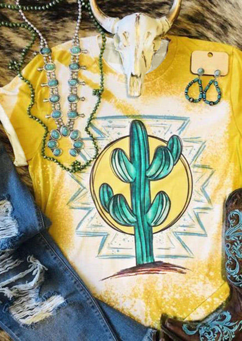 

T-shirts Tees Aztec Geometric Cactus Bleached T-Shirt Tee in Yellow. Size