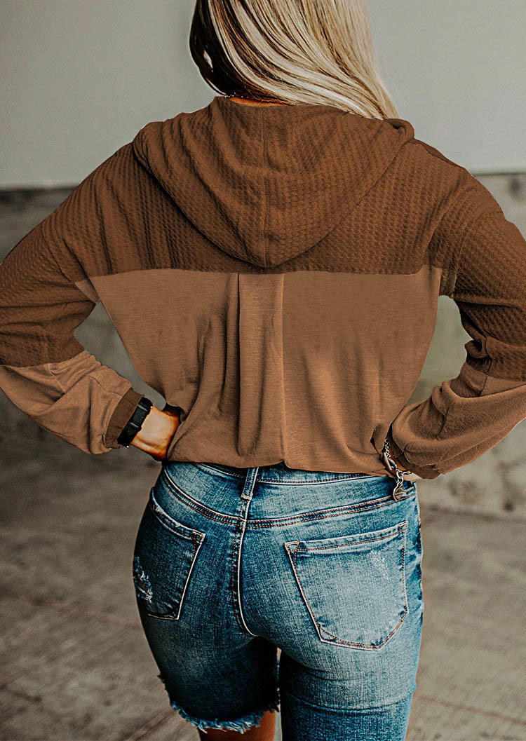 

Hoodies Color Block Button Drawstring Hoodie in Coffee. Size: ,M,L,XL