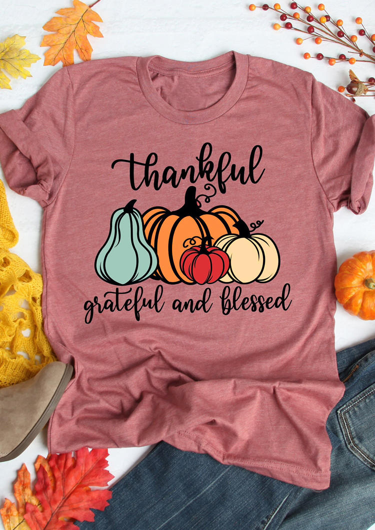 T-shirts Tees Thankful Grateful And Blessed Pumpkin T-Shirt Tee - Cameo Brown in Brown. Size: L,M,S