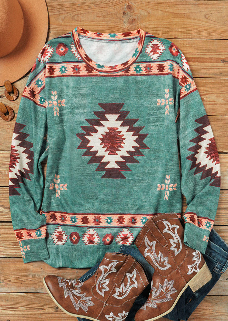 Sweatshirts Aztec Geometric Pullover Sweatshirt in Light Green. Size: S