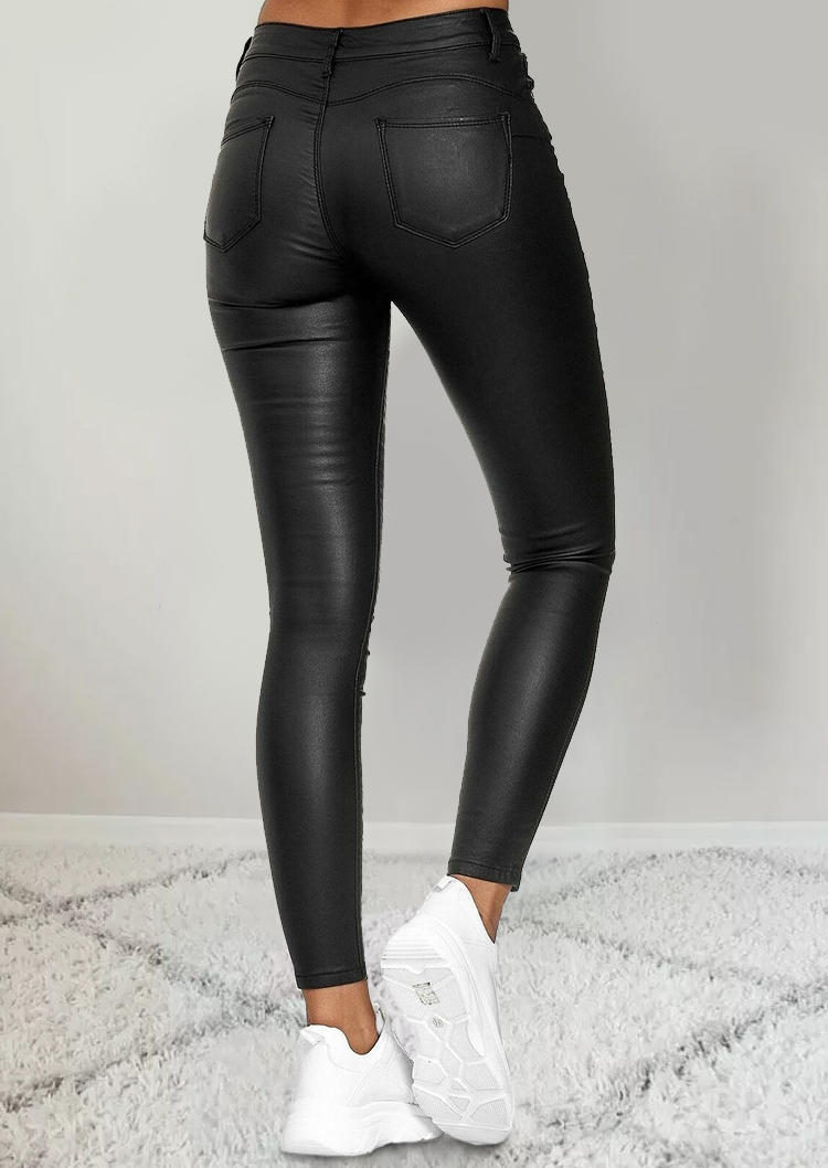 

Pants Pocket Button Leather Pencil Pants in Black. Size