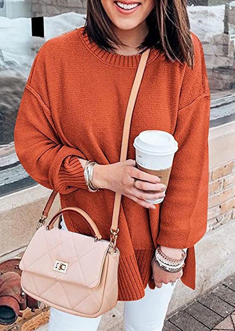 

Sweaters Slit Long Sleeve O-Neck Sweater in Orange. Size