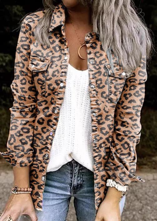 Jackets Leopard Pocket Button Long Sleeve Jacket in Multicolor. Size: 2XL,3XL,L,S,XL