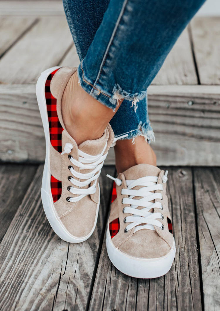 

Sneakers Buffalo Plaid Splicing Lace Up Flat Sneakers in Apricot. Size: ,38,39,40,41