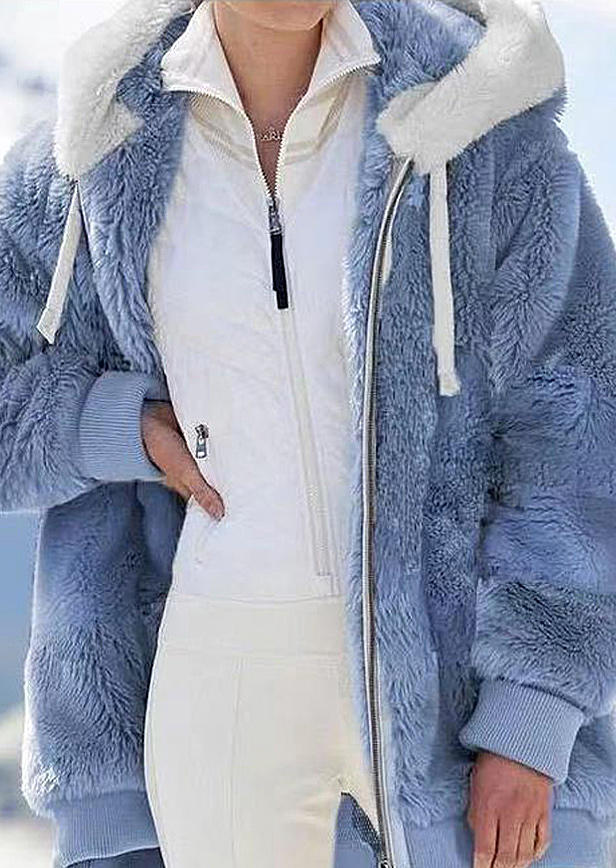 

Coats Fuzzy Zipper Long Sleeve Hooded Coat in Blue. Size