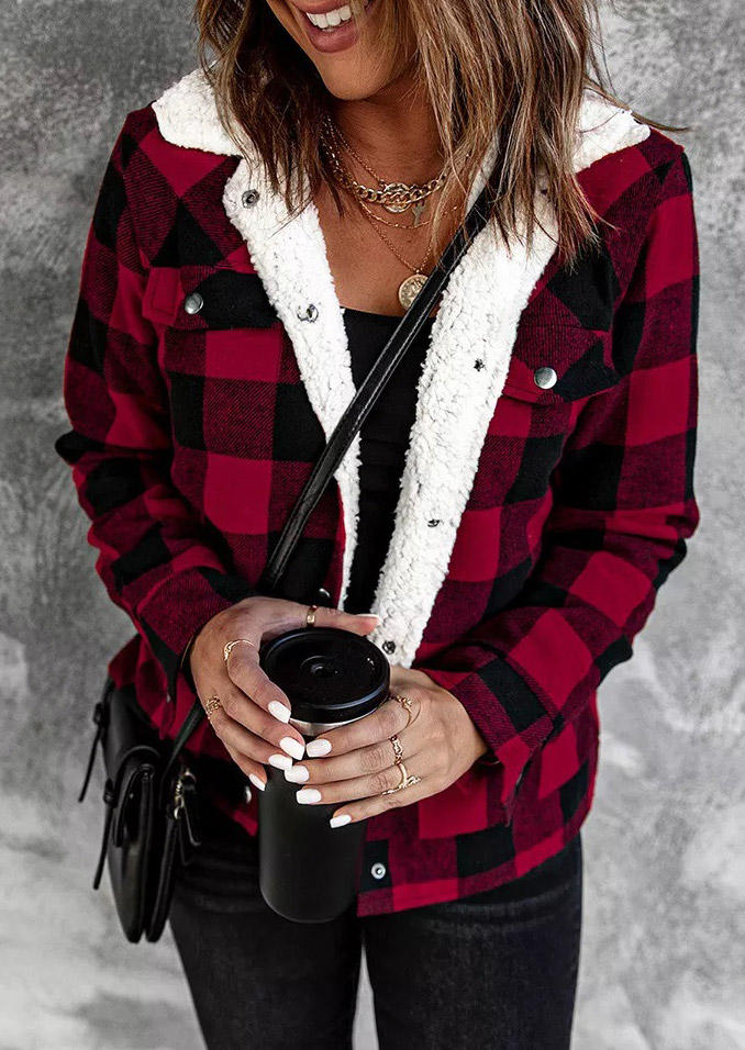 Plaid Pocket Button Turn-down Collar Coat - Red