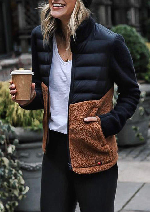 

Jackets Color Block Splicing Pocket Fuzzy Long Sleeve Jacket in Multicolor. Size