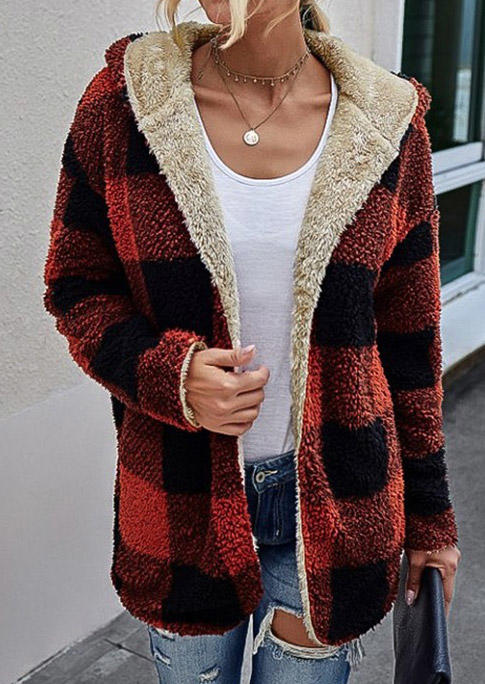 

Coats Fuzzy Plaid Double-Sided Long Sleeve Hooded Coat in Plaid. Size: ,M,L,XL