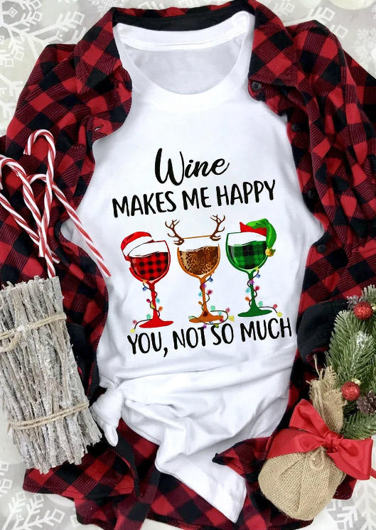 

T-shirts Tees Christmas Wine Makes Me Happy T-Shirt Tee in White. Size: ,M