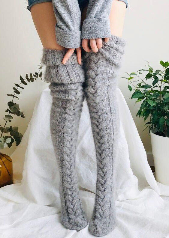 Knee-High Socks Soft Warm Thigh-High Socks in Gray,White. Size: One Size