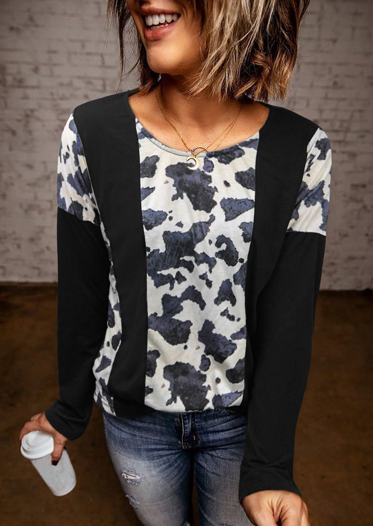 Blouses Cow Long Sleeve O-Neck Blouse in Black. Size: L,M,S,XL