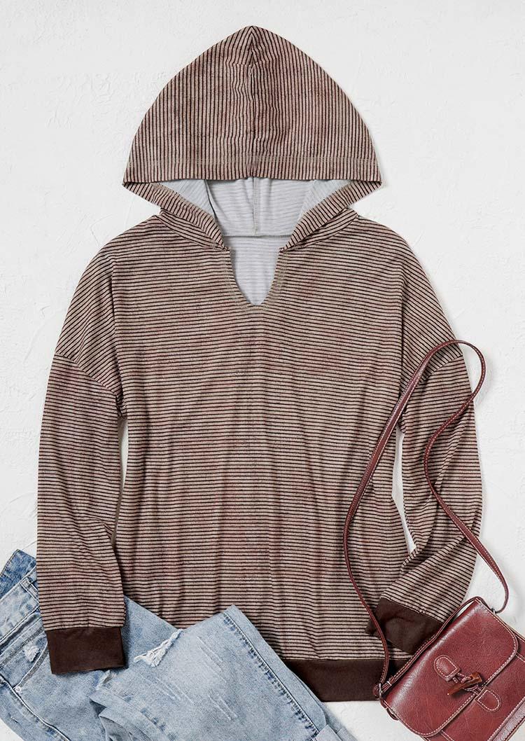 Hoodies Striped Long Sleeve Notched Neck Hoodie in Multicolor. Size: L,M,S