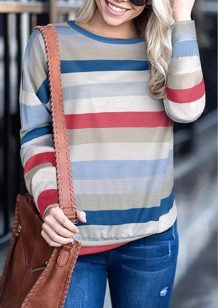 

Blouses Colorful Striped Long Sleeve O-Neck Blouse in Stripe. Size