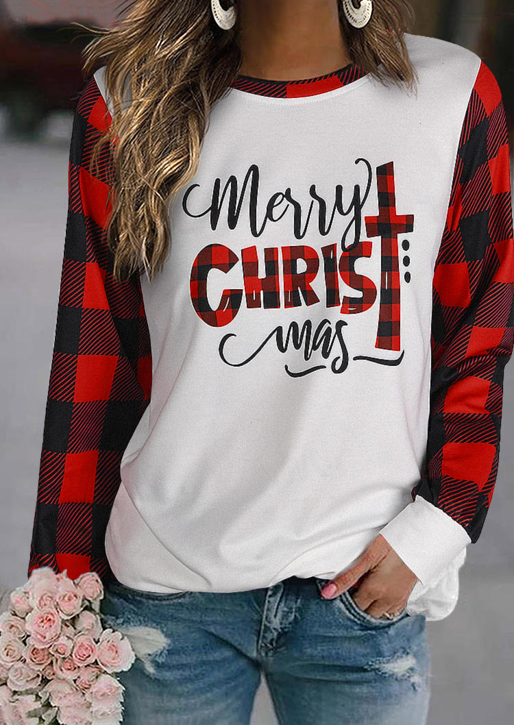 Merry Christmas Buffalo Plaid Cross Sweatshirt - White