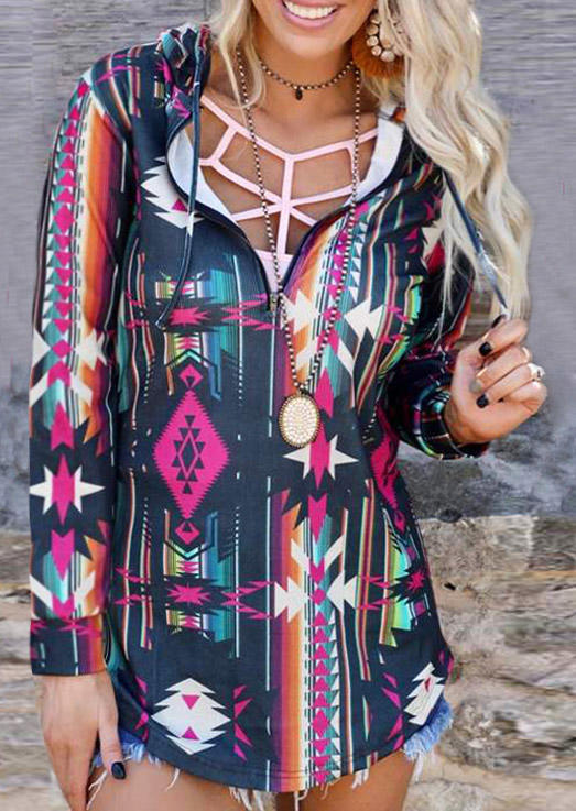

Hoodies Aztec Geometric Zipper Long Sleeve Hoodie in Multicolor. Size: M