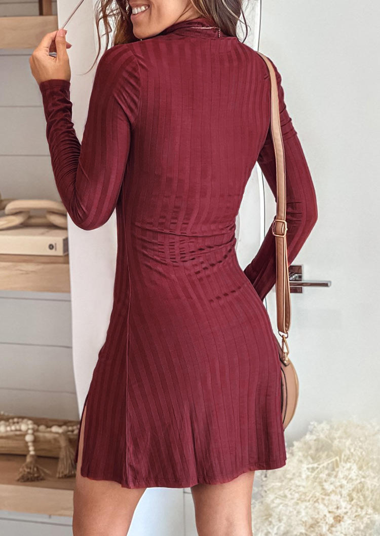 Slit Turtleneck Long Sleeve Mini Dress - Burgundy