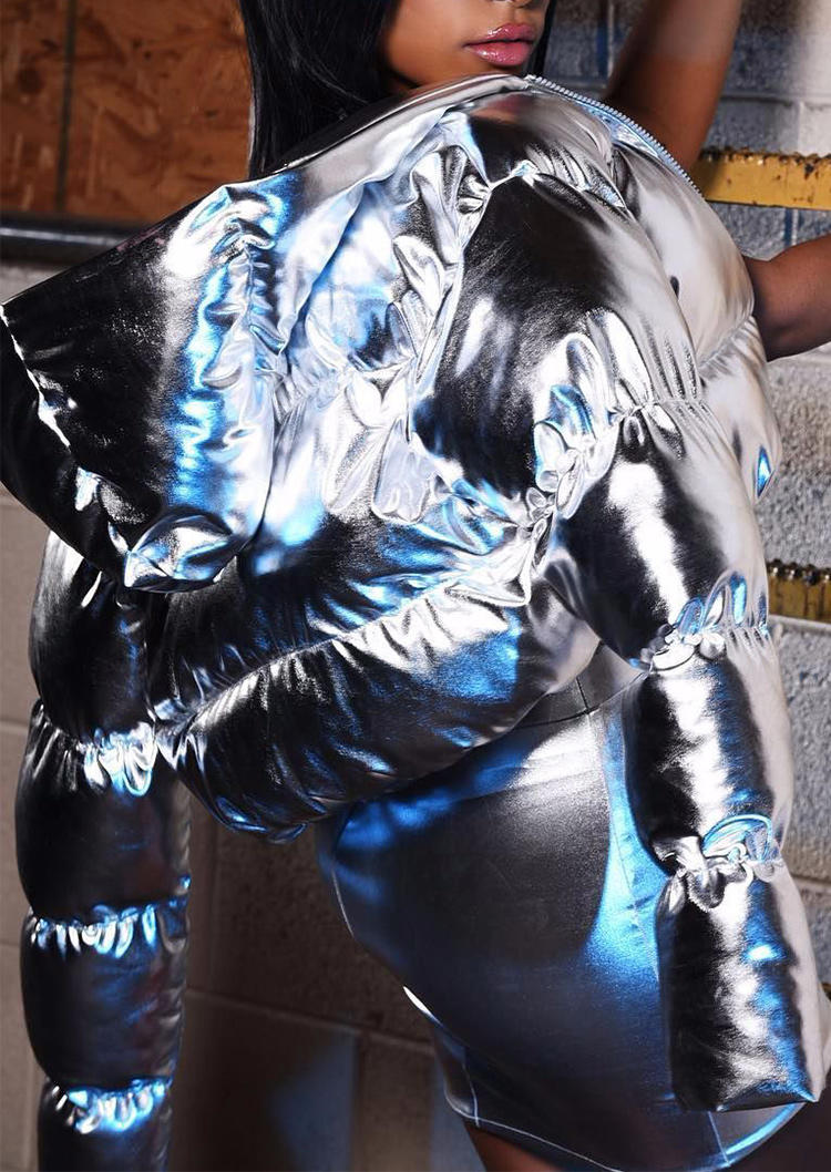 

Coats Zipper Hooded Crop Parka Coat in Silver. Size