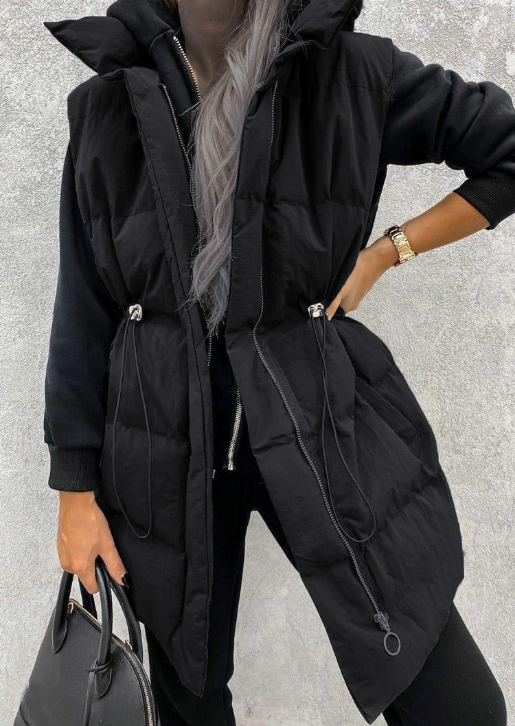 

Coats Drawstring Zipper Sleeveless Vest Coat in Black. Size