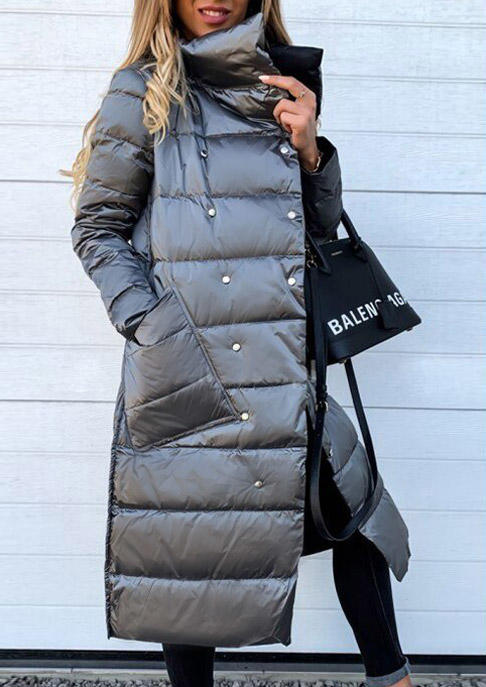 

Coats Winter Button Double-Sided Long Down Coat in Silver. Size