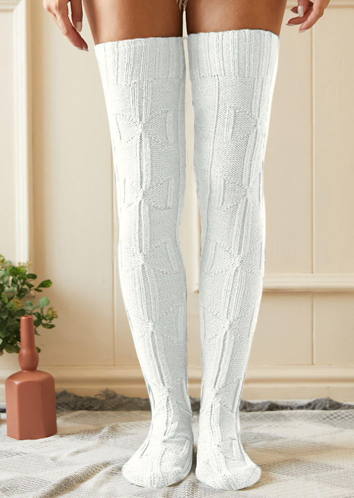 Knee-High Socks Jacquard Knitted Thigh-High Socks in Beige. Size
