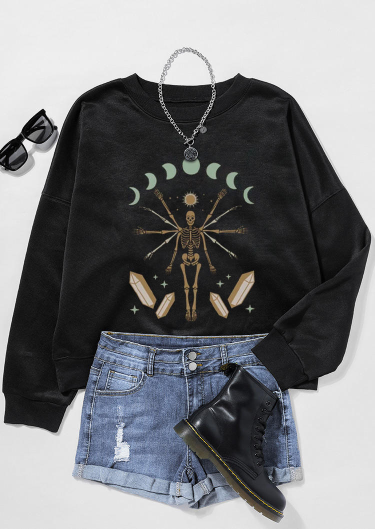 Moon Skeleton Pullover Sweatshirt - Black