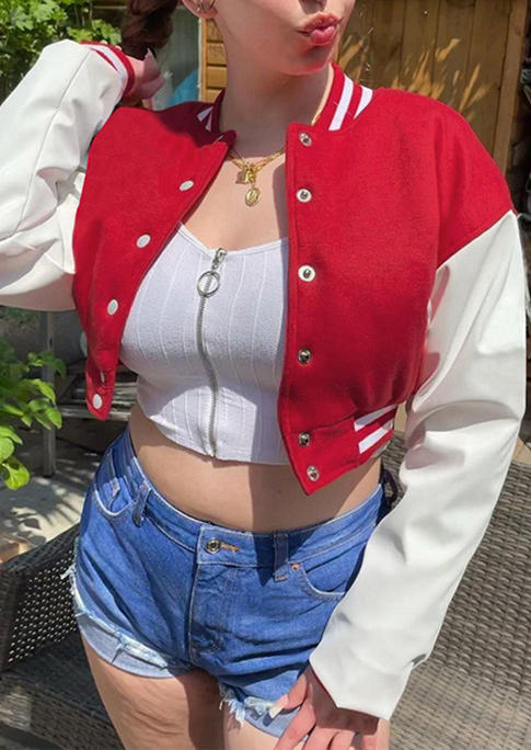 

Coats Color Block Button Long Sleeve Baseball Crop Coat in Red. Size: ,M,L,XL