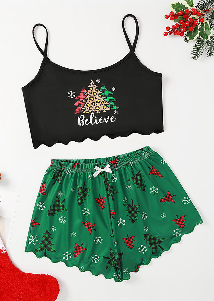 

Sleepwear Christmas Tree Believe Crop Camisole Top And Shorts Pajamas Set in Black. Size: ,M,L,XL