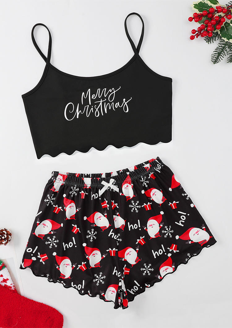 

Sleepwear Merry Christmas Santa Camisole And Shorts Pajamas Set in Black. Size: ,M,L,XL