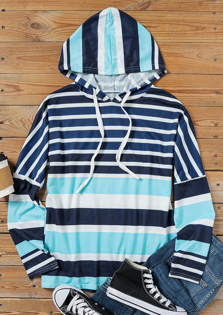 Hoodies Striped Drawstring Long Sleeve Hoodie in Multicolor. Size: S