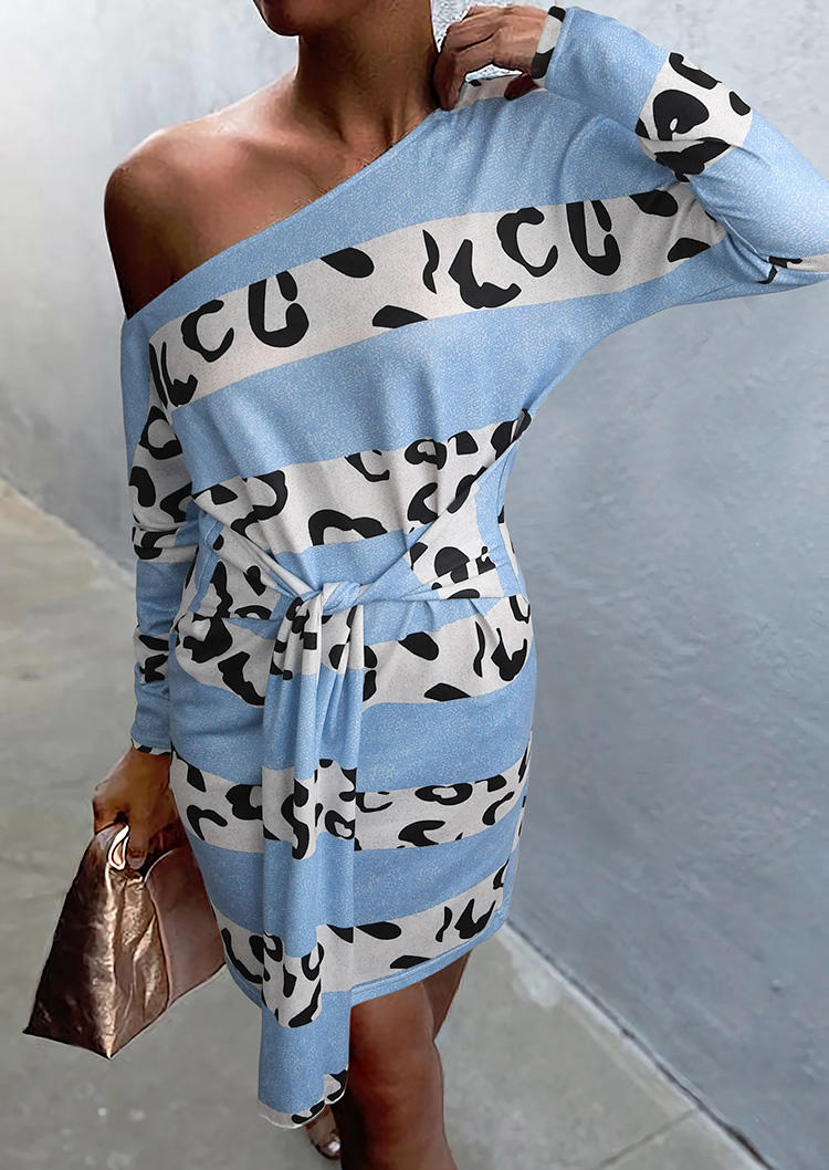 Leopard Tie Long Sleeve Mini Dress - Blue
