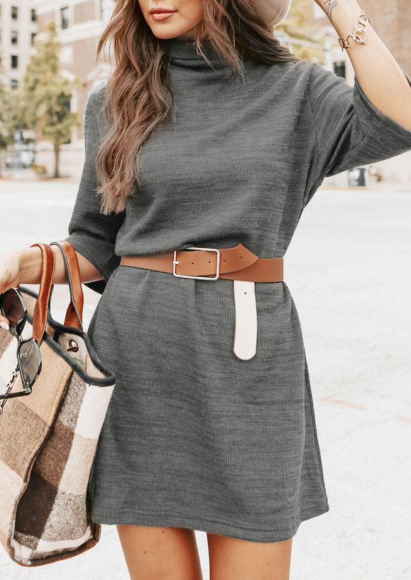 Turtleneck Three Quarter Sleeve Mini Dress - Gray