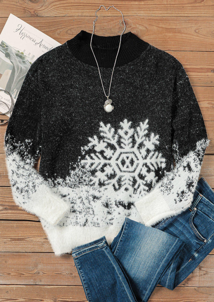 

Sweaters Christmas Snowflake Knitted Long Sleeve Sweater in Black. Size: ,M